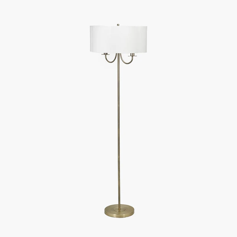 Seraphine Matt Antique Brass Metal and White Cotton Mix Scallop Shaded Floor Lamp