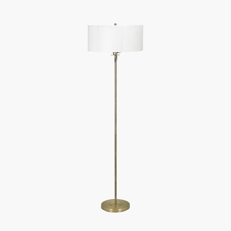 Seraphine Matt Antique Brass Metal and White Cotton Mix Scallop Shaded Floor Lamp