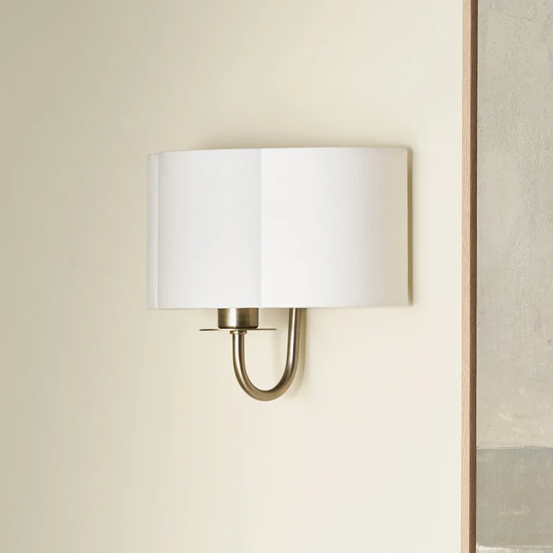 Seraphine Matt Antique Brass Metal and White Cotton Mix Scallop Half Shaded Wall Light