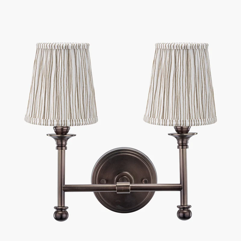Piero Antique Bronze Metal Double Wall Light with Thiago 14cm Natural Stripe Mushroom Pleat Tall Tapered Candle Clip Lampshade