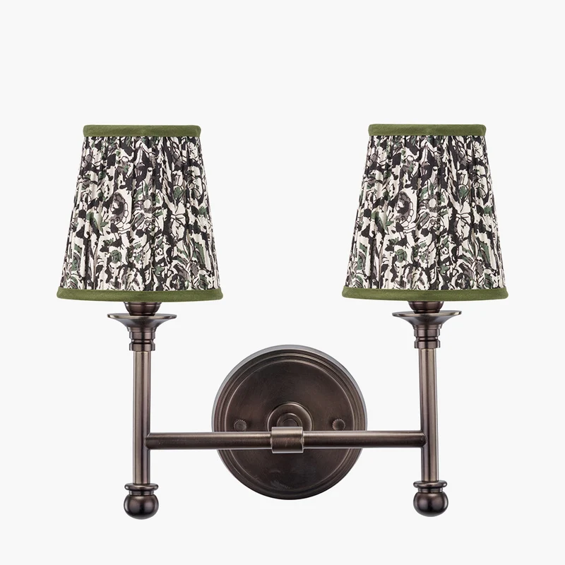 Piero Antique Bronze Metal Double Wall Light with Ornella 14cm Green Floral Design Mushroom Pleat Tall Tapered Candle Clip Lampshade