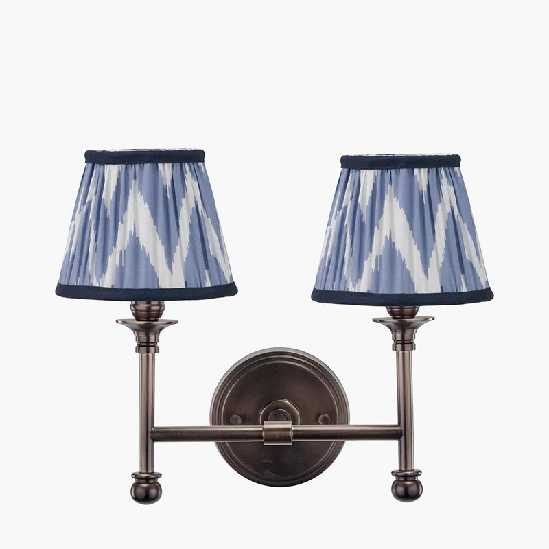 Piero Antique Bronze Metal Double Wall Light with Kamilah 16cm Blue Chevron Patterned Mushroom Pleat Tapered Lamp Shade