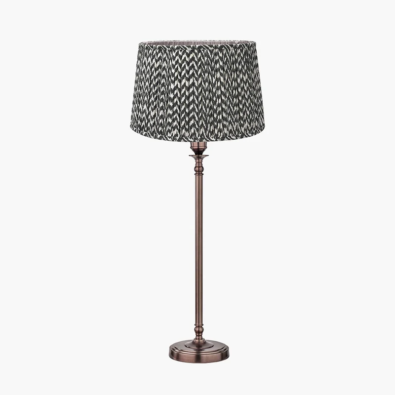 Piero Antique Bronze Metal Candlestick Table Lamp Base with Vienna 35cm Black Chevron Mushroom Pleat Lampshade