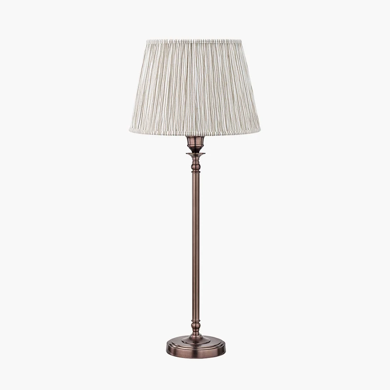 Piero Antique Bronze Metal Candlestick Table Lamp Base with Thiago 35cm Natural Stripe Mushroom Pleat Tapered Lampshade
