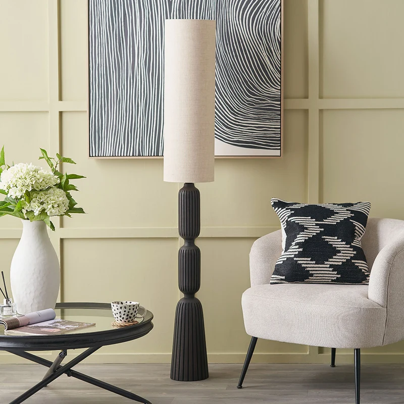 Sahana Black Ribbed Slim Wood Floor Lamp