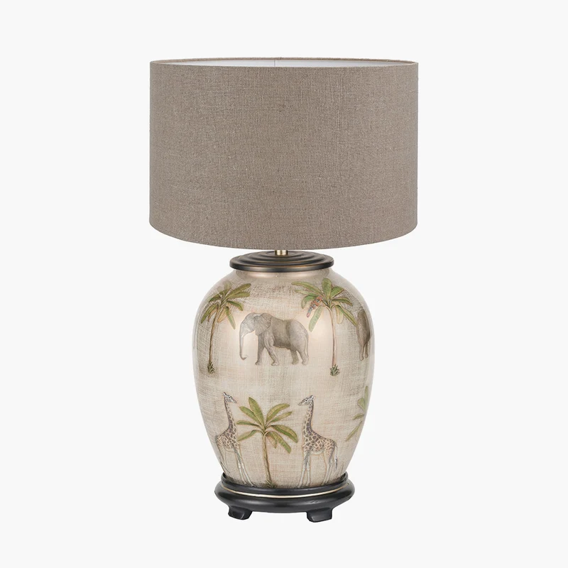 Safari Medium Glass Table Lamp Base with Edward 35cm Natural Linen Cylinder Lampshade