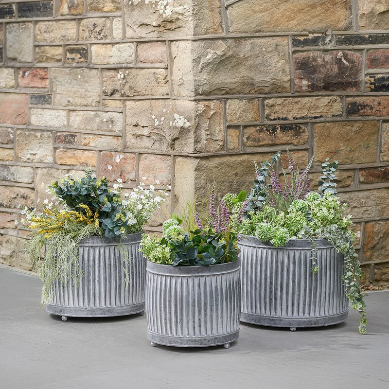 S/3 Galvanised Zinc Round Planters