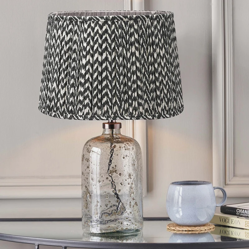 Ophelia Small Grey Bubble Glass Table Lamp Base with Vienna 35cm Black Chevron Mushroom Pleat Lampshade