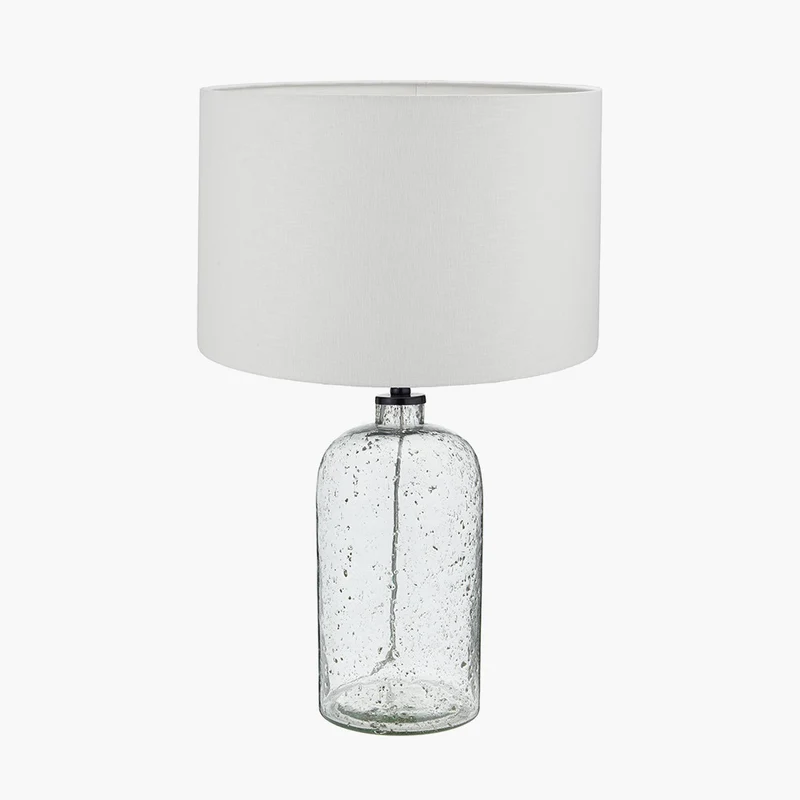 Ophelia Grey Bubble Glass Table Lamp Base with Lino 40cm White Self Lined Linen Cylinder Lampshade