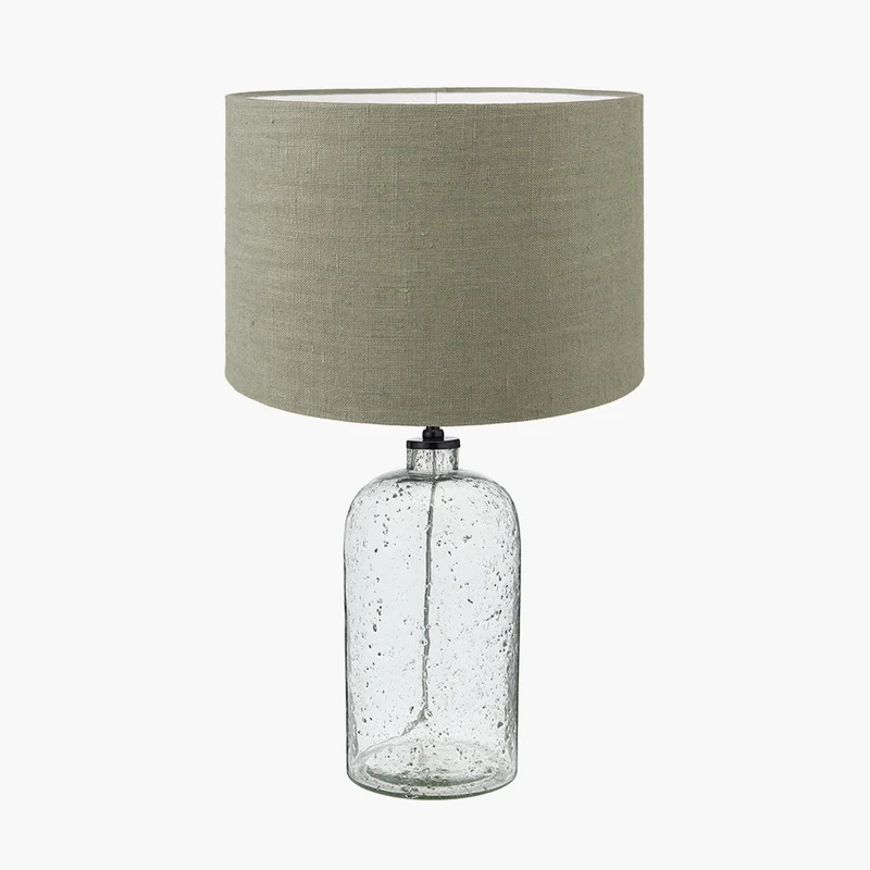 Ophelia Grey Bubble Glass Table Lamp Base with Edward 40cm Pistachio Green Linen Cylinder Lampshade