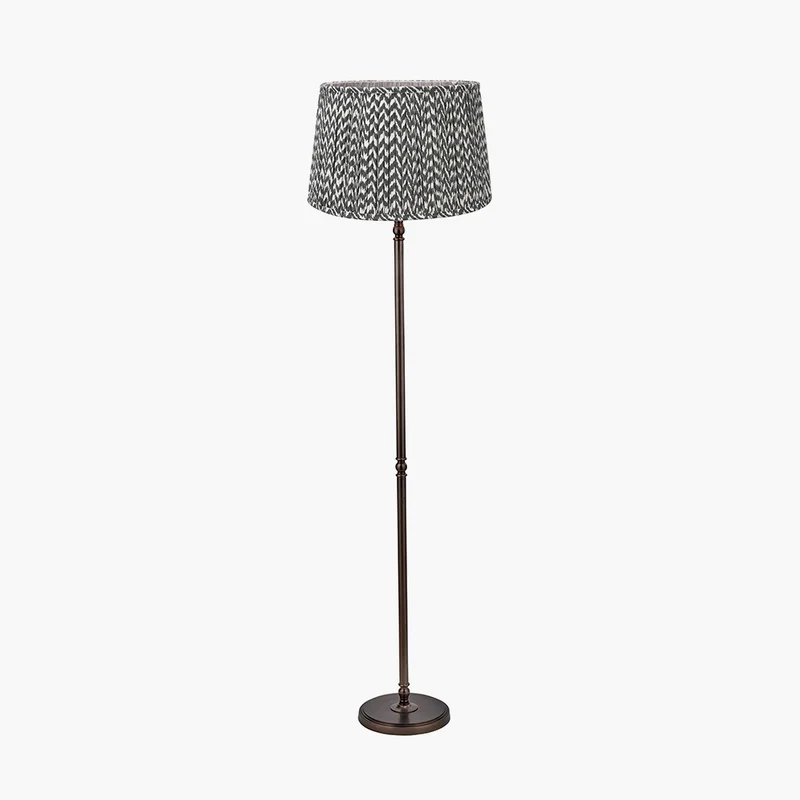 Piero Antique Bronze Metal Candlestick Floor Lamp Base with Vienna 45cm Black Chevron Mushroom Pleat Lampshade