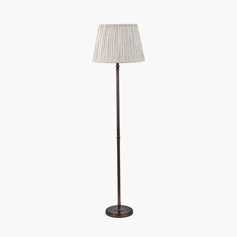 Piero Antique Bronze Metal Candlestick Floor Lamp Base with Thiago 45cm Natural Stripe Mushroom Pleat Tapered Lampshade