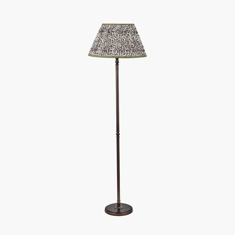 Piero Antique Bronze Metal Candlestick Floor Lamp Base with Ornella 45cm Green Floral Design Mushroom Pleat Empire Lamp Shade