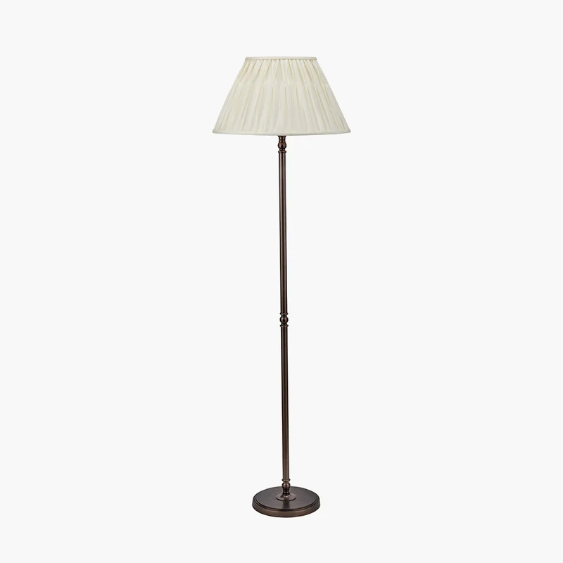 Piero Antique Bronze Metal Candlestick Floor Lamp Base with Garbo 45cm Cream Silk Mix Pinch Pleat Tapered Lampshade