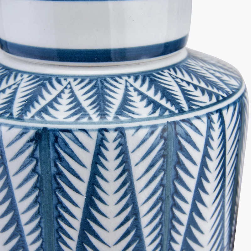 Samara Blue and White Aztec Pattern Ceramic Table Lamp Base with Winston 35cm White Handloom Tapered Lampshade
