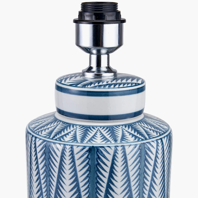 Samara Blue and White Aztec Pattern Ceramic Table Lamp Base with Winston 35cm White Handloom Tapered Lampshade