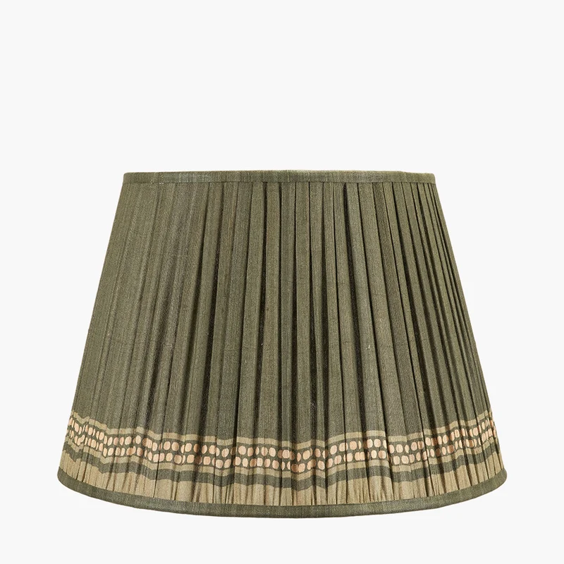 Samaira 45cm Olive Silk Border Print Mushroom Pleat Tapered Lampshade