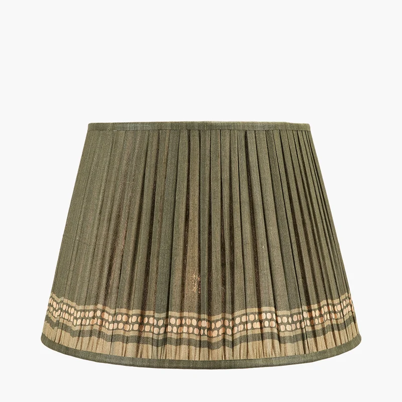 Samaira 45cm Olive Silk Border Print Mushroom Pleat Tapered Lampshade