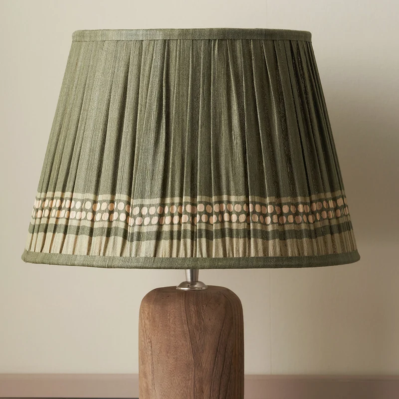 Samaira 45cm Olive Silk Border Print Mushroom Pleat Tapered Lampshade