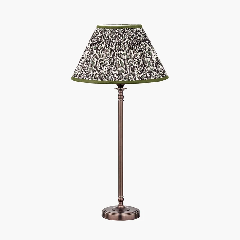 Piero Antique Bronze Metal Candlestick Table Lamp Base with Ornella 35cm Green Floral Design Mushroom Pleat Empire Lamp Shade