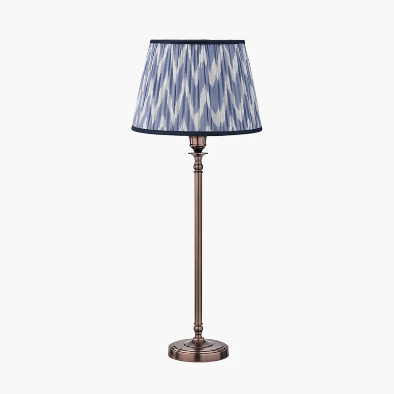 Piero Antique Bronze Metal Candlestick Table Lamp Base with Kamilah 35cm Blue Chevron Patterned Mushroom Pleat Tapered Lamp Shade
