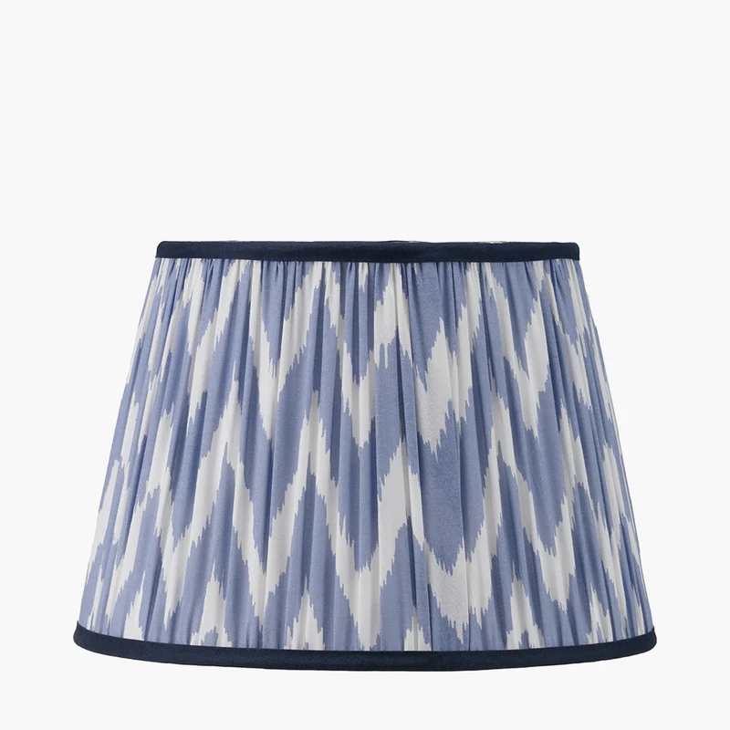 Piero Antique Bronze Metal Candlestick Table Lamp Base with Kamilah 35cm Blue Chevron Patterned Mushroom Pleat Tapered Lamp Shade