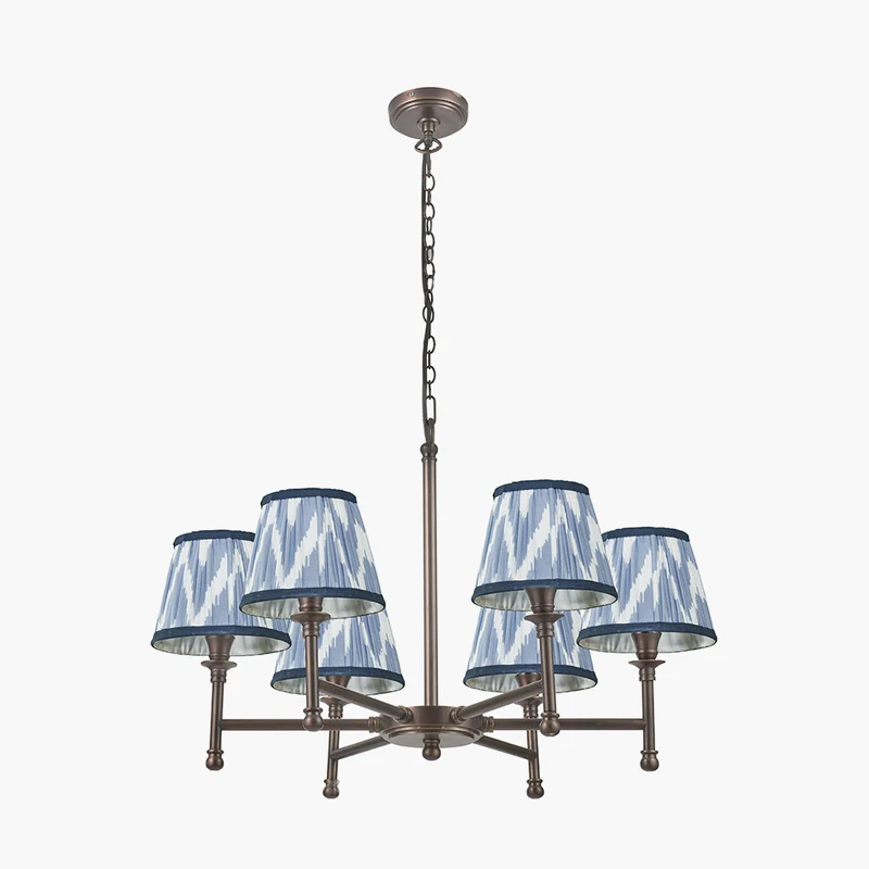 Piero Antique Bronze Metal 6 Arm Pendant with Kamilah 16cm Blue Chevron Patterned Mushroom Pleat Tapered Lamp Shade