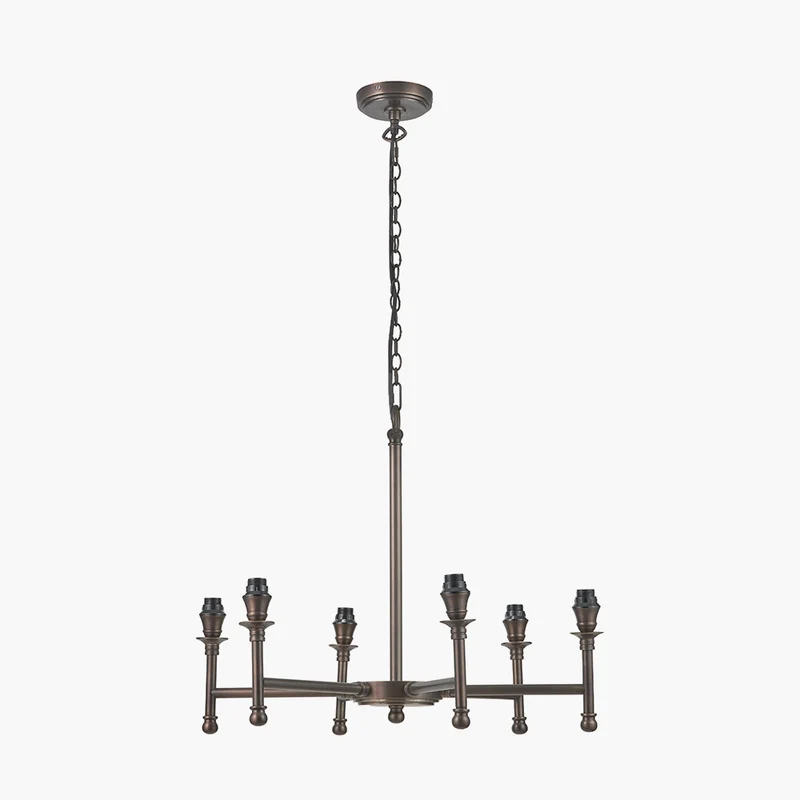 Piero Antique Bronze Metal 6 Arm Pendant with Floressa 16cm Red Floral Patterned Mushroom Pleat Tapered Lamp Shade