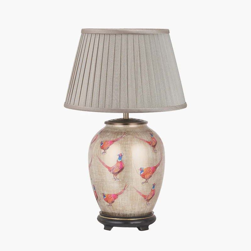 Pheasant Medium Glass Table Lamp Base with Lyndon 35cm Taupe Silk Mix Knife Pleat Tapered Lampshade