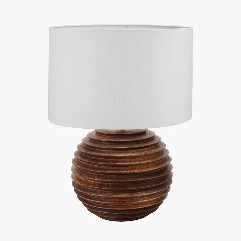Pembury Brown Wash Turned Wood Table Lamp Base with Lino 30cm White Self Lined Linen Cylinder Lampshade