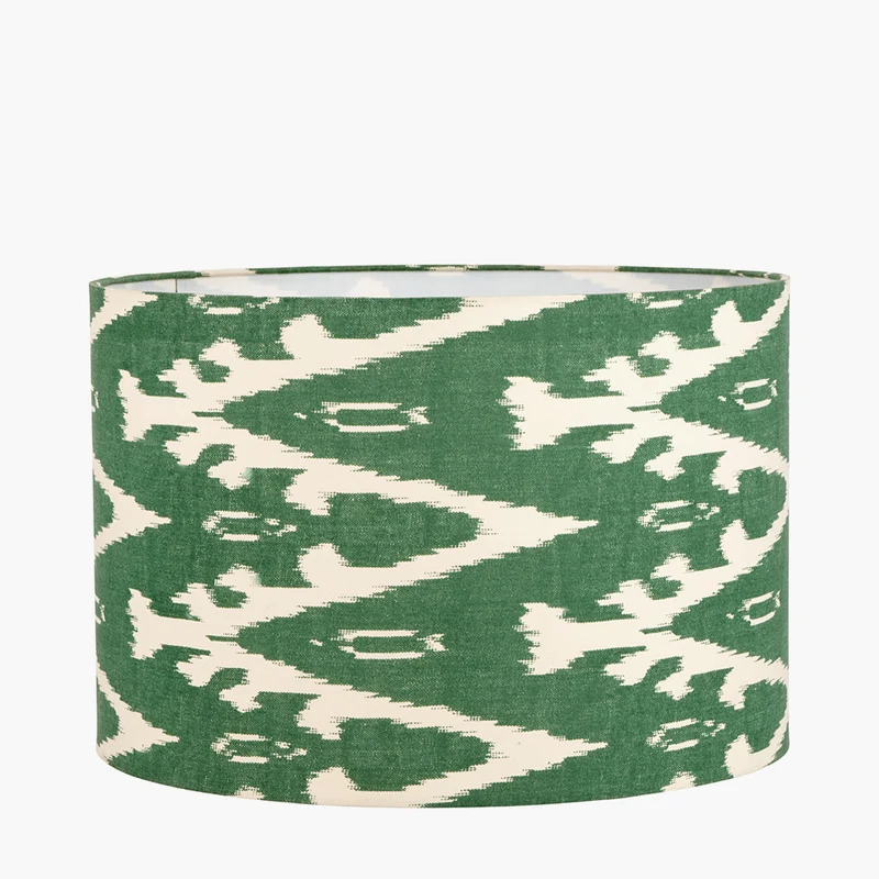 Pembury Brown Wash Turned Wood Table Lamp Base with Lars 30cm Racing Green Ikat Patterned Cylinder Lampshade