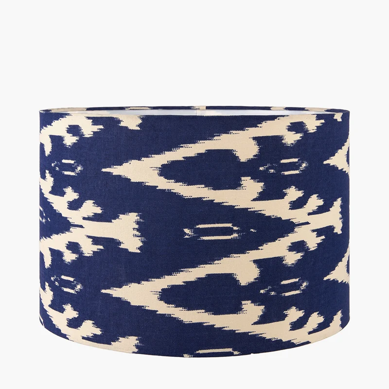 Pembury Brown Wash Turned Wood Table Lamp Base with Lars 30cm Ocean Blue Ikat Patterned Cylinder Lampshade