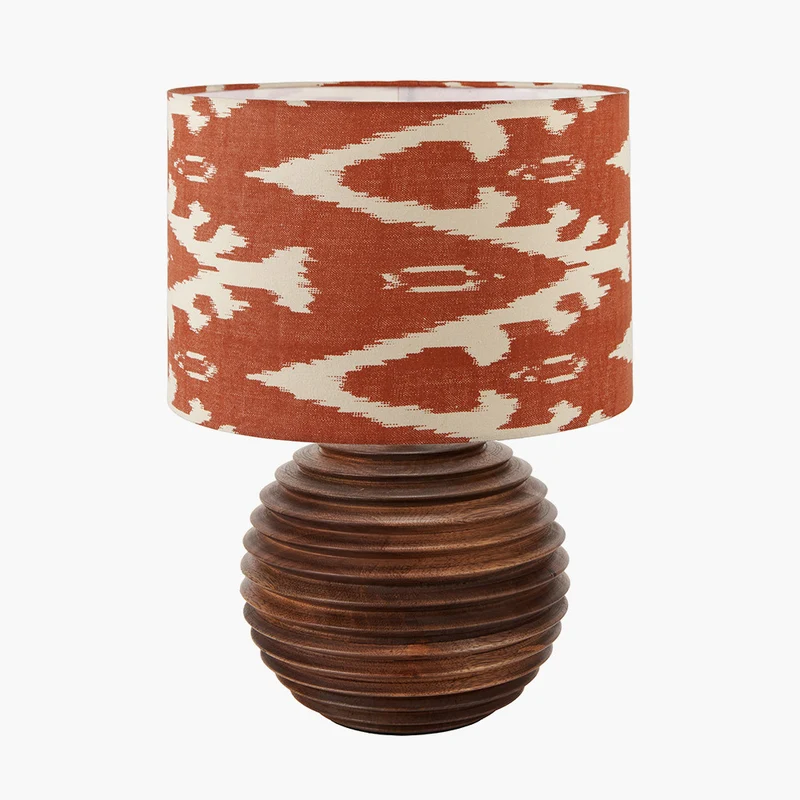 Pembury Brown Wash Turned Wood Table Lamp Base with Lars 30cm Cinnamon Ikat Patterned Cylinder Lampshade