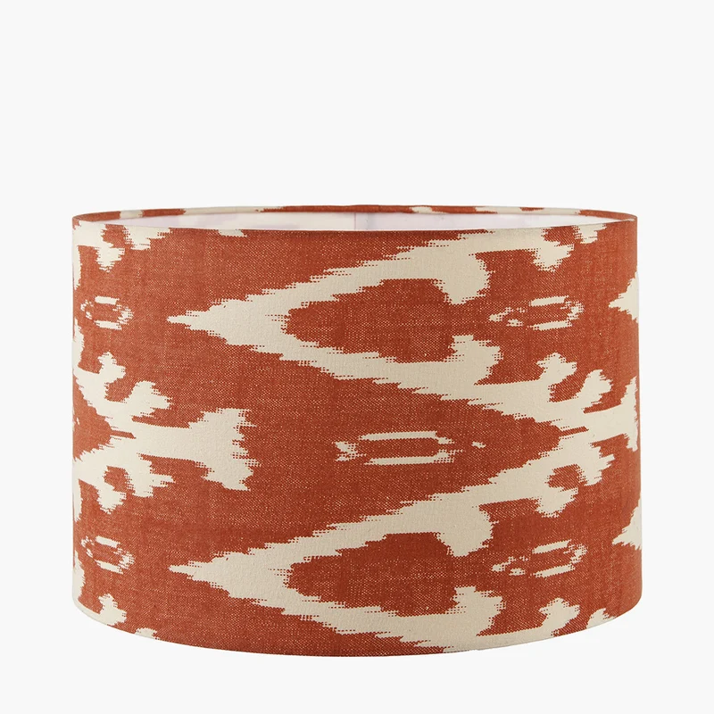 Pembury Brown Wash Turned Wood Table Lamp Base with Lars 30cm Cinnamon Ikat Patterned Cylinder Lampshade