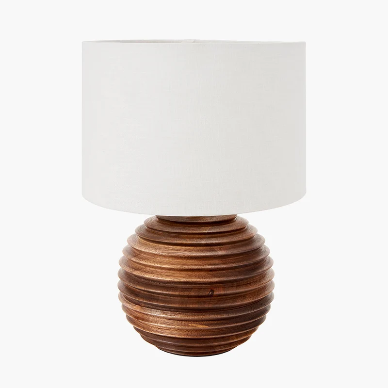 Pembury Brown Wash Turned Wood Table Lamp Base with Henry 30cm White Handloom Cylinder Lampshade