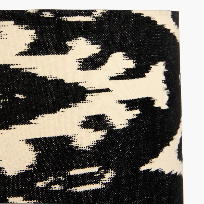 Pembury Brown Wash Large Turned Wood Table Lamp Base with Lars 40cm Black Ikat Patterned Cylinder Lampshade