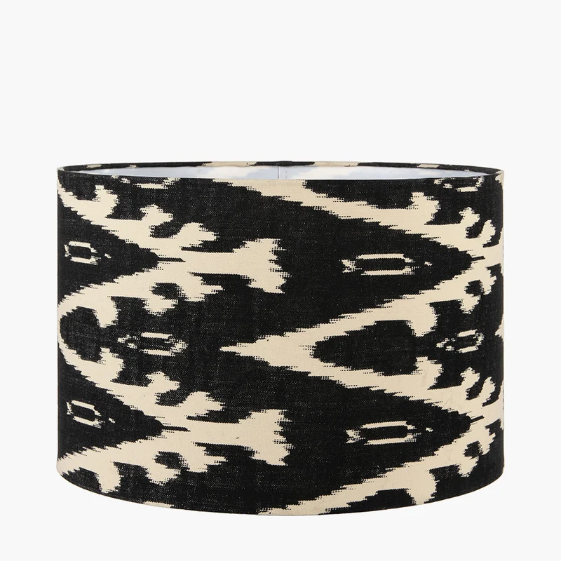 Pembury Brown Wash Large Turned Wood Table Lamp Base with Lars 40cm Black Ikat Patterned Cylinder Lampshade