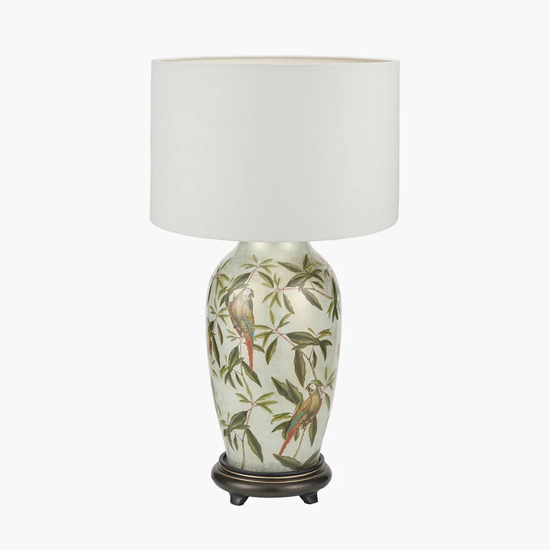 Parrot Tall Glass Table Lamp Base with Lino 40cm White Self Lined Linen Cylinder Lampshade