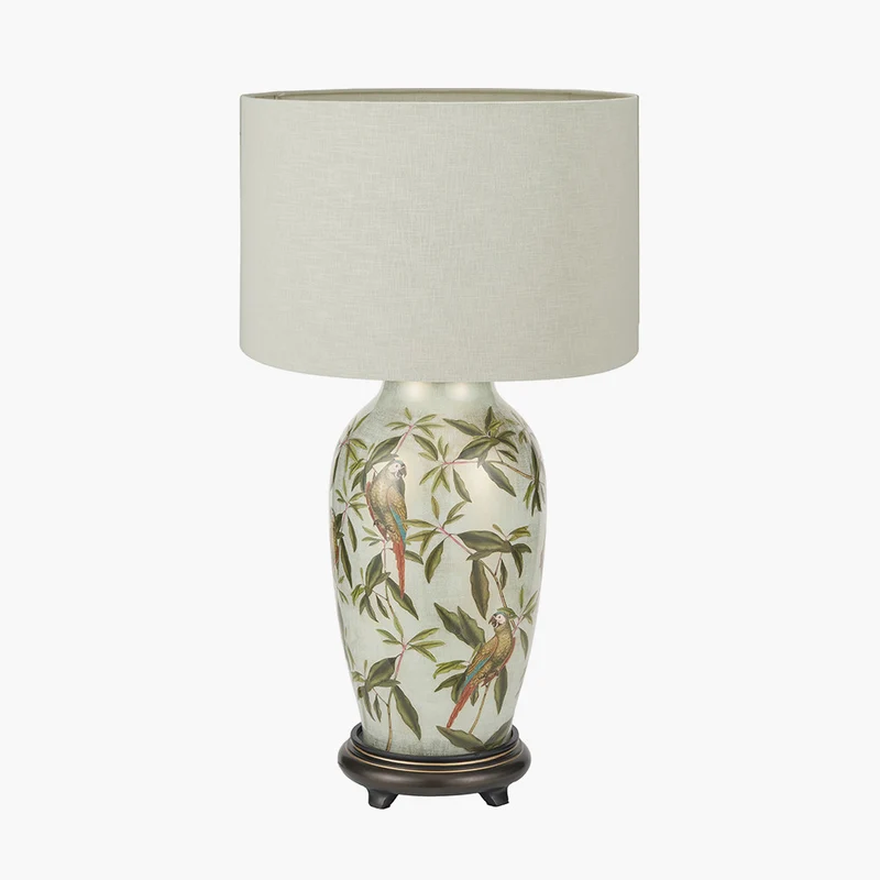 Parrot Tall Glass Table Lamp Base with Lino 40cm Cream Self Lined Linen Cylinder Lampshade