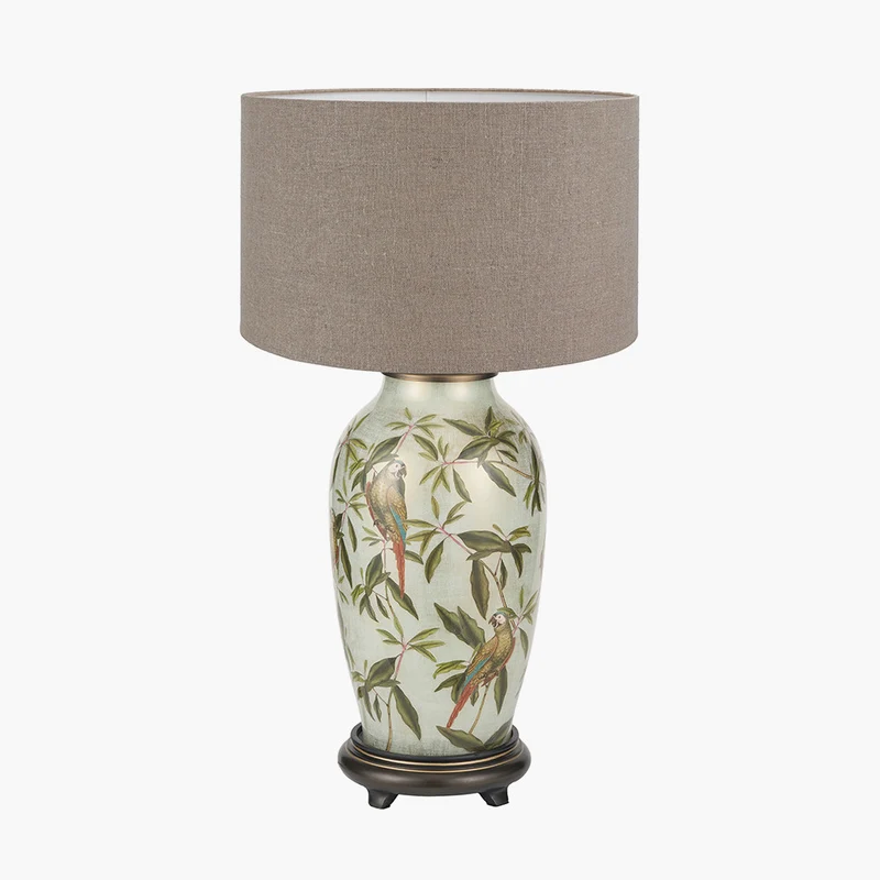 Parrot Tall Glass Table Lamp Base with Edward 40cm Natural Linen Cylinder Lampshade
