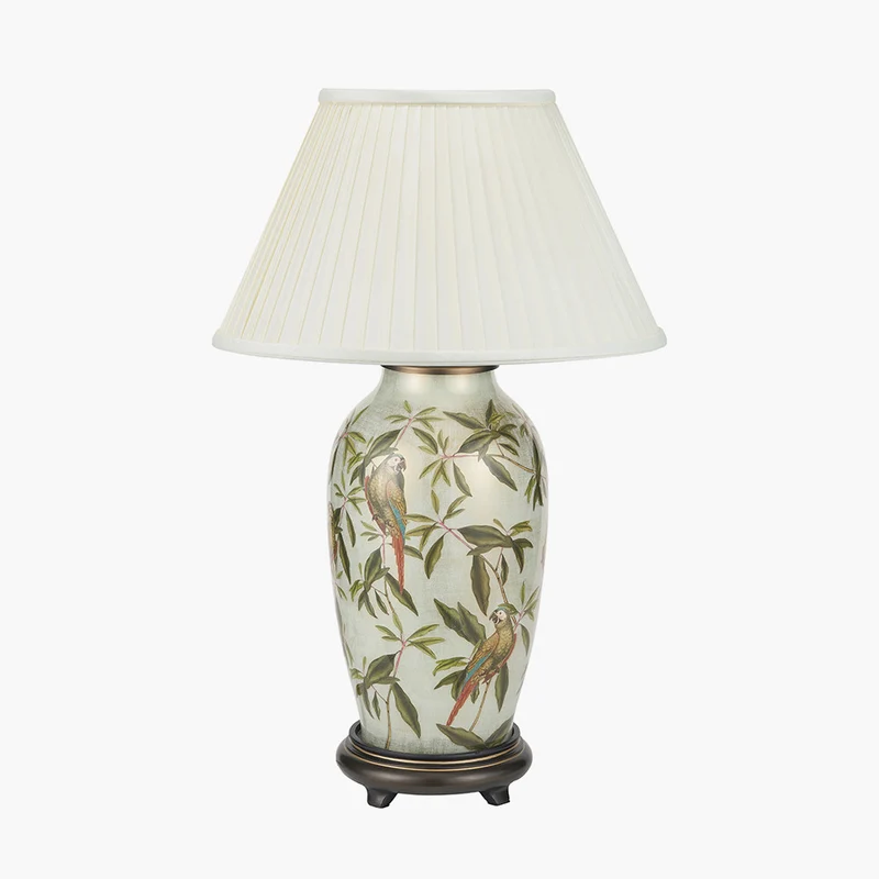 Parrot Tall Glass Table Lamp Base with Bacall 45cm Almond Silk Knife Pleat Empire Lampshade