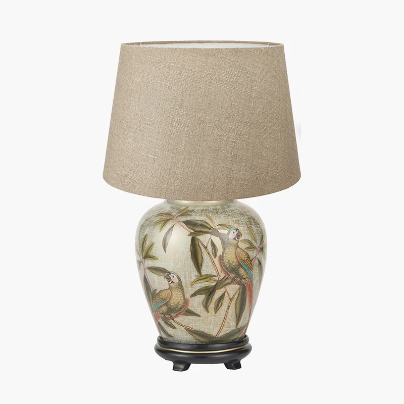 Parrot Small Glass Table Lamp Base with Milos 30cm Natural Linen Tapered Lampshade
