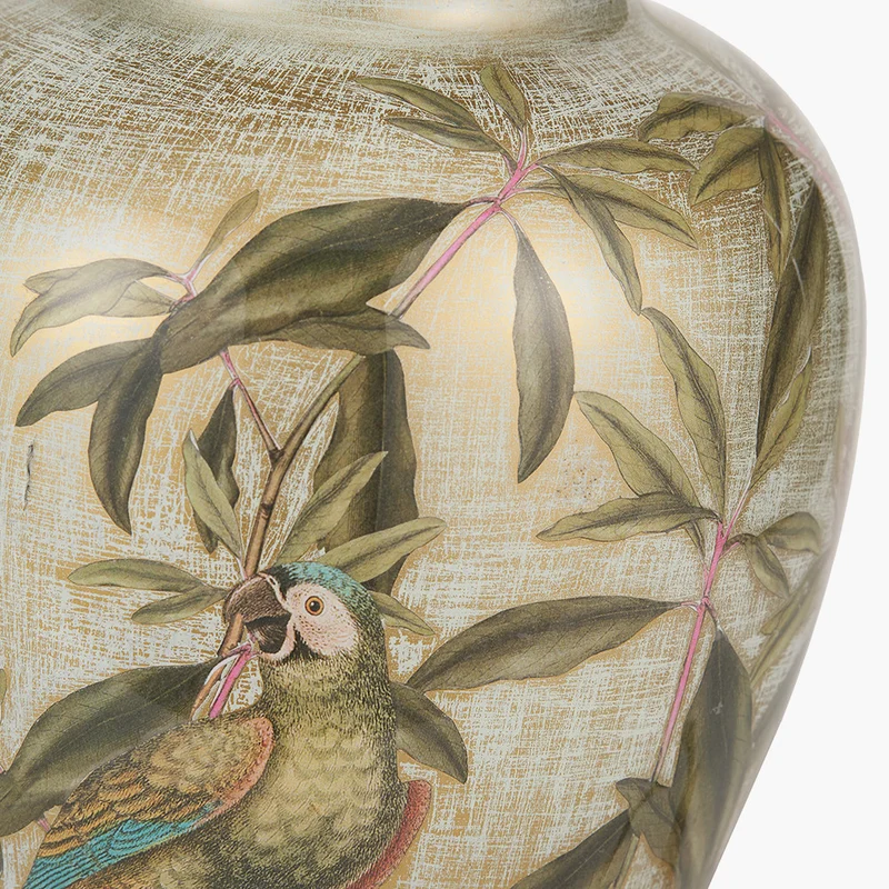 Parrot Small Glass Table Lamp Base with Milos 30cm Natural Linen Tapered Lampshade