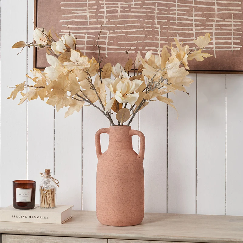 Natural Textured Terracotta Decorative Vase with Handles Large