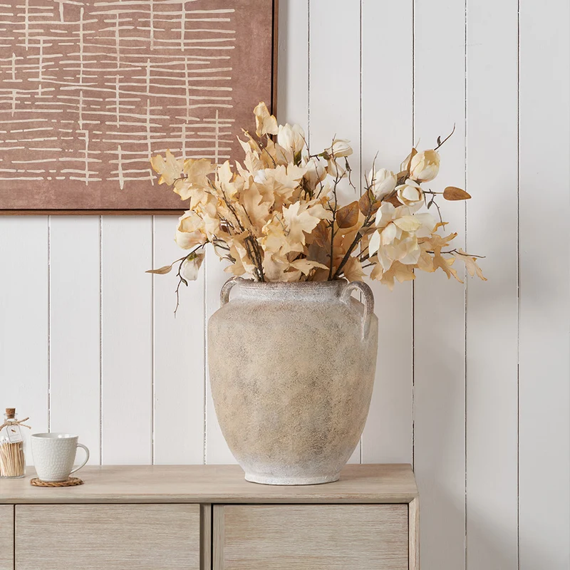 Natural Textured Fibrestone Decorative Vase with Handles