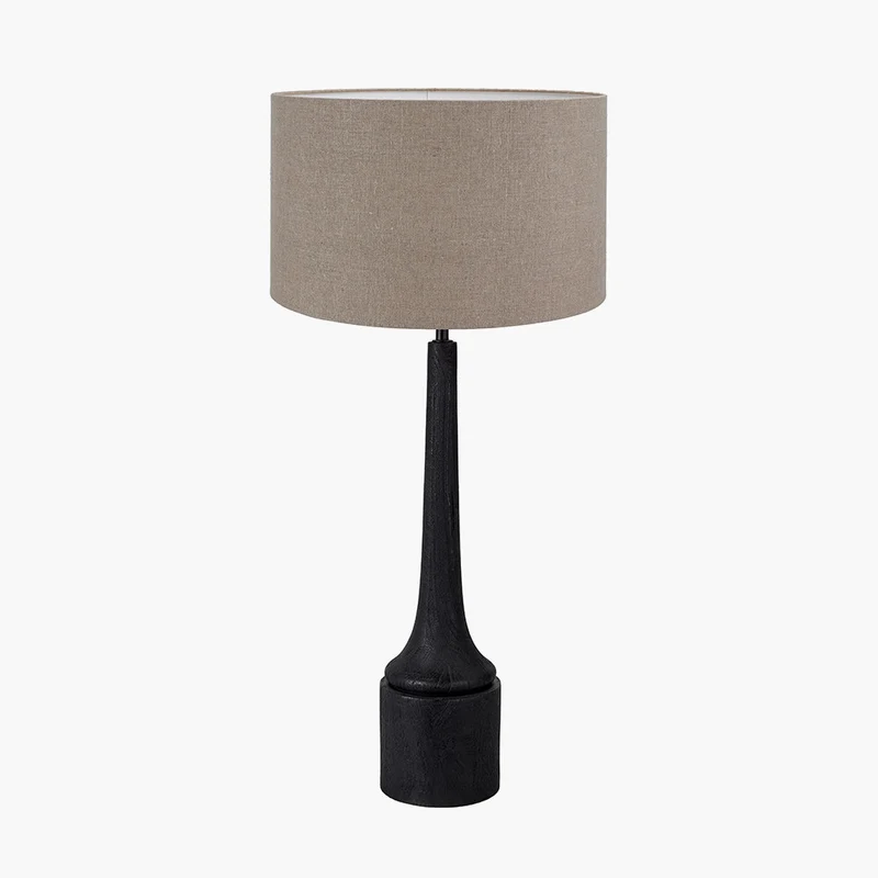 Marin Black Wood Tall Neck Table Lamp Base with Edward 40cm Natural Linen Cylinder Lampshade