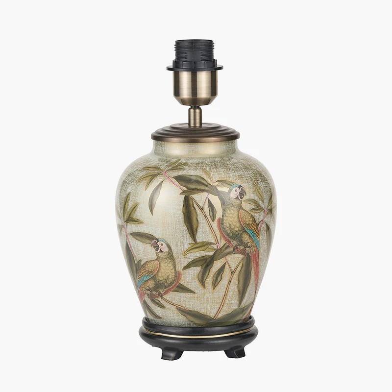 Parrot Small Glass Table Lamp Base with Lino 25cm Cream Self Lined Linen Cylinder Lampshade