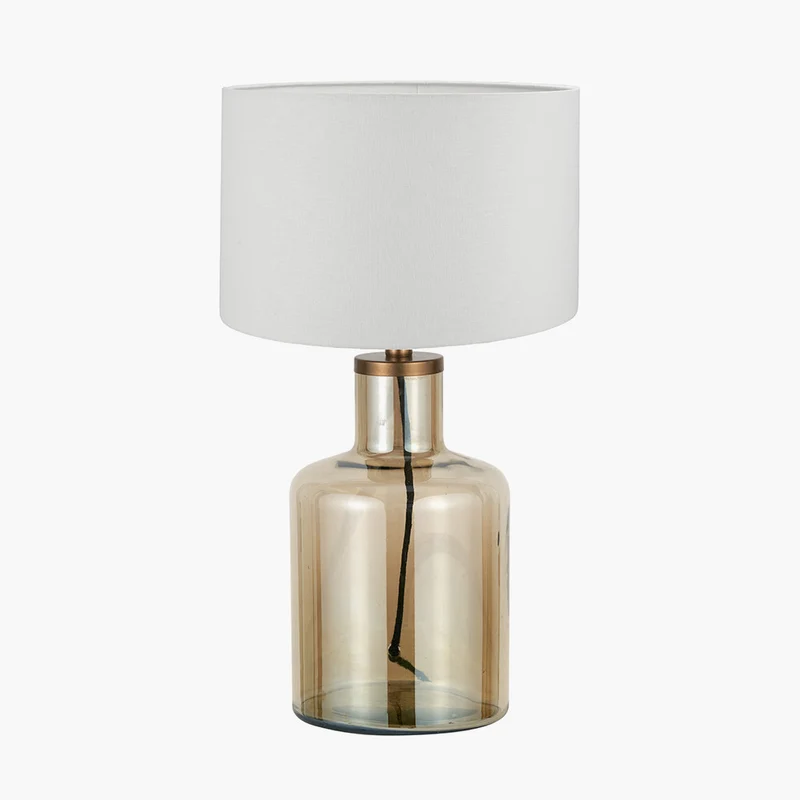 Palmo Smoke Lustre Glass Bottle Table Lamp Base with Lino 35cm White Self Lined Linen Cylinder Lampshade