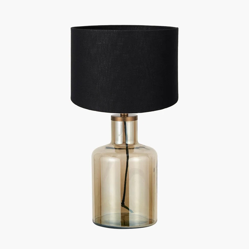Palmo Smoke Lustre Glass Bottle Table Lamp Base with Lino 35cm Black Self Lined Linen Cylinder Lampshade