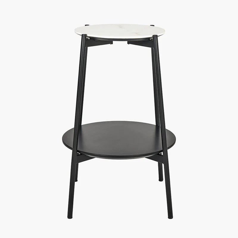 Marchello White Marble Veneer and Black Metal Side Table